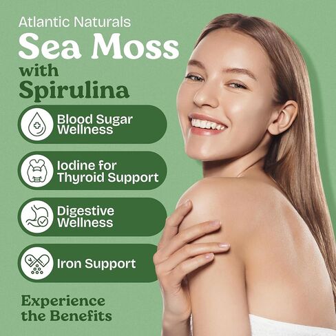 Atlantic Naturals Organic Sea Moss with Spirulina Superfood Capsules | Support Healthy Iron, Immune Health, and Energy | 120 Irish Moss Caps per Bottle | Alternative to Sea Moss Gel, Sea Moss Powder in Kuwait