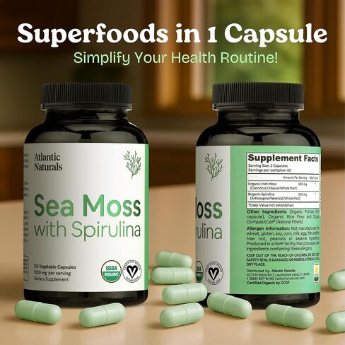 Atlantic Naturals Organic Sea Moss with Spirulina Superfood Capsules | Support Healthy Iron, Immune Health, and Energy | 120 Irish Moss Caps per Bottle | Alternative to Sea Moss Gel, Sea Moss Powder in Kuwait
