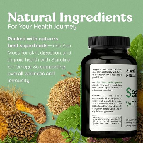 Atlantic Naturals Organic Sea Moss with Spirulina Superfood Capsules | Support Healthy Iron, Immune Health, and Energy | 120 Irish Moss Caps per Bottle | Alternative to Sea Moss Gel, Sea Moss Powder in Kuwait