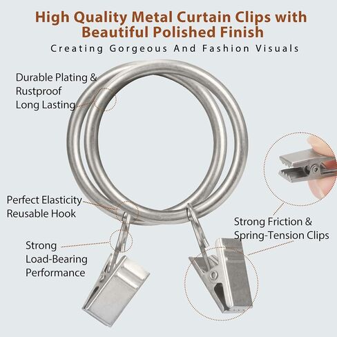 Ofone Curtain Rings with Clips, 24 Pcs 1.5 Inch Interior Diameter Rustproof Window Hardware Clip Rings Decorative Metal Hangers Ring with Hooks for Curtain Rod (White) in Kuwait