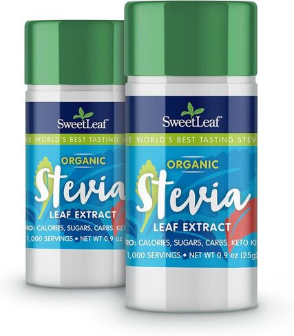 SweetLeaf Organic Stevia Powder Shaker Jar - Zero Calorie Stevia Sweetener, No Bitter Aftertaste, Plant-Based Sugar Substitute, Non-GMO Sweet Leaf Stevia, 0.9 Oz Ea (Pack of 2) in Kuwait