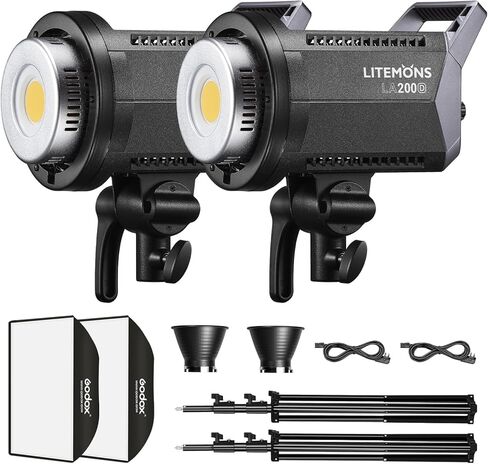 Godox 2 Pack LA150D 380W 5600K طقم إضاءة فيديو مستمر، 190W CRI96+ TLCI97+ 66,600lux@1m ضوء النهار LED، 24 × 36 سوفت بوكس، حامل إضاءة 110 بوصة، عاكس للتصوير في الاستوديو، التصوير الفوتوغرافي للصور in Kuwait