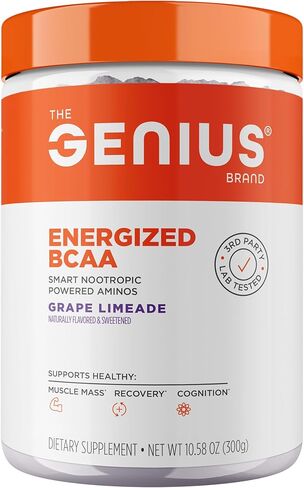 Genius BCAA Energy Powder, Grape Limeade - Nootropic Amino Acids & Muscle Recovery - Natural Vegan BCAAs Workout Supplement for Women & Men (Pre, Intra & Post Workout) - No Artificial Sweeteners in Kuwait