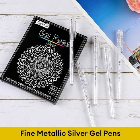 Dyvicl White Gold Silver Gel Pens, 0.8 mm Fine Point Pens Gel Ink Pens for Black Paper Drawing, Sketching, Illustration, Adult Coloring, Journaling, Set of 12 in Kuwait