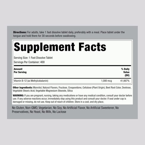 Piping Rock Vitamin B12 Sublingual | 1000 mcg | 400 Fast Dissolve Tablets | Methylcobalamin Supplement | Vegetarian, Non-GMO, Gluten Free in Saudi Arabia