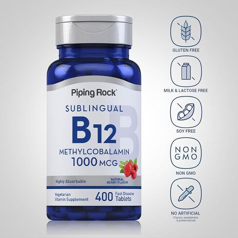 Piping Rock Vitamin B12 Sublingual | 1000 mcg | 400 Fast Dissolve Tablets | Methylcobalamin Supplement | Vegetarian, Non-GMO, Gluten Free in Saudi Arabia