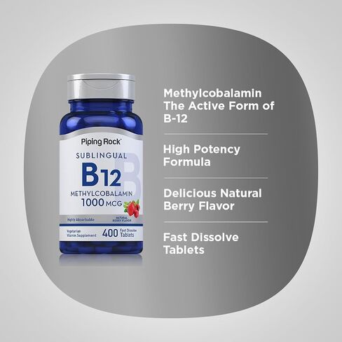 Piping Rock Vitamin B12 Sublingual | 1000 mcg | 400 Fast Dissolve Tablets | Methylcobalamin Supplement | Vegetarian, Non-GMO, Gluten Free in Saudi Arabia