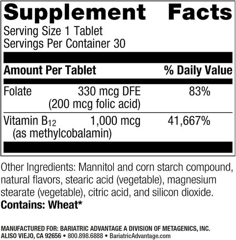 Bariatric Advantage B-12 Speedy Melts, Vitamin B12 1000 mcg Supplement, Fast Melting with 200 mcg of Folic Acid for Nutritional Support - Black Cherry, 30 Count in Kuwait