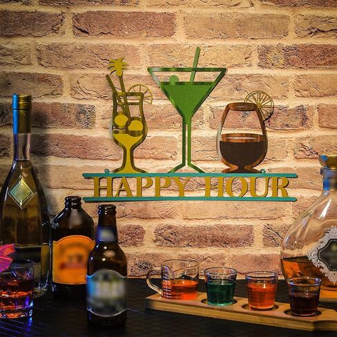 فنروس لافتة بار بتصميم عبارة Happy Hour لتزيين الحائط من المعدن بتصميم عتيق للمشروبات الساخنة، لافتات ديكور بار المشروبات الساخنة للبار المفتوح (ملونة، Happy Hour) in Kuwait