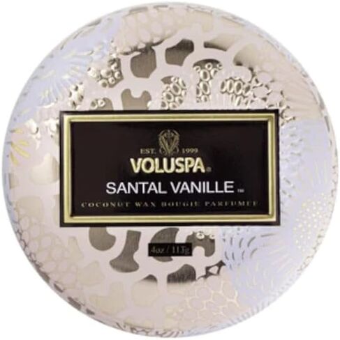 Voluspa Santal Vanille Candle | Mini Tin | 4 Oz. | 25 Hour Burn Time | Vegan | Coconut Wax and Natural Wicks for a Cleaner Burn in Kuwait