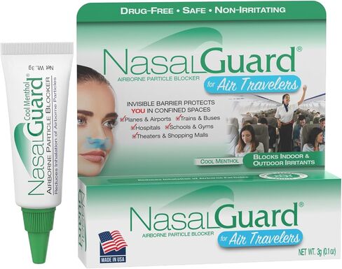 Airborne Particle Blocker Nasal Gel for Air Travelers - Drug-Free, Non-irritating, Non-drowsy, Airplane Travel Approved (Cool Menthol) - Over 150 Applications Per Tube (0.1 oz, Pack of 1) in Kuwait