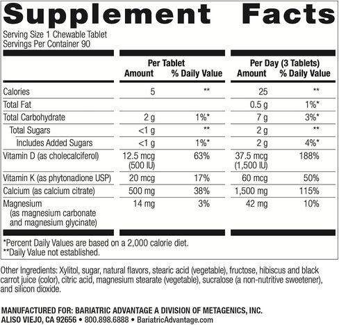 Bariatric Advantage Calcium Citrate Chewable 500 mg - for Bariatric Surgery Patients - High-Potency, Easy-Digest Tablets - Calcium Citrate - Bone Strength Supplements* - 90 Count - Chocolate in Kuwait