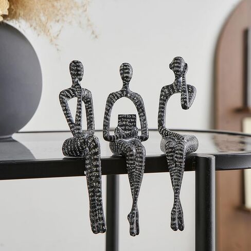 FJS Black Velvet Thinker Statue Decor Set of 3, Art Statue Living Room Decor, Modern Sculpture Decorations for Office Shelf Table, Home Decor Knick Knacks for Shelves in Kuwait