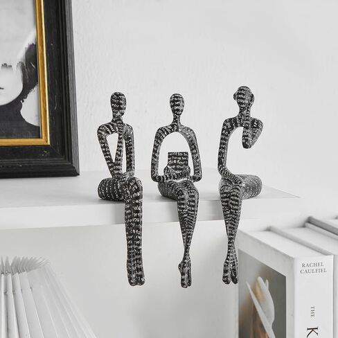 FJS Black Velvet Thinker Statue Decor Set of 3, Art Statue Living Room Decor, Modern Sculpture Decorations for Office Shelf Table, Home Decor Knick Knacks for Shelves in Kuwait