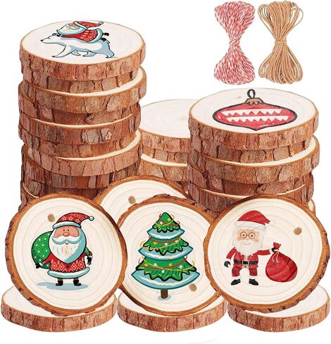 شرائح الخشب الطبيعي 32 قطعة 2.75-3.14 بوصة مجموعة خشبية غير مكتملة مثقوبة مسبقًا بفتحة دوائر خشبية شرائح شجرة للفنون والحرف اليدوية DIY زينة عيد الميلاد وهدايا الزفاف in Kuwait