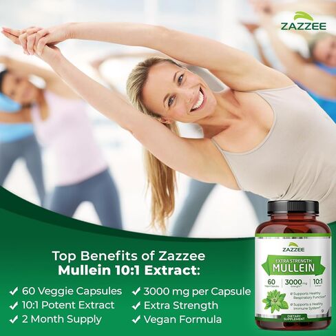 Zazzee Extra Strength Mullein 10:1 Extract, 3000 mg Strength, 120 Vegan Capsules, 100% Pure Leaf Powder, Non-GMO and All-Natural in Kuwait