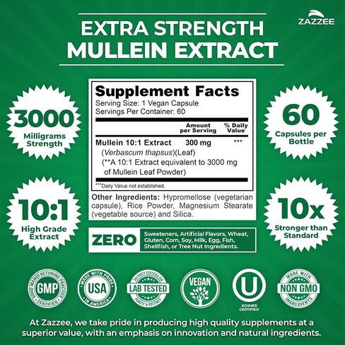 Zazzee Extra Strength Mullein 10:1 Extract, 3000 mg Strength, 120 Vegan Capsules, 100% Pure Leaf Powder, Non-GMO and All-Natural in Kuwait