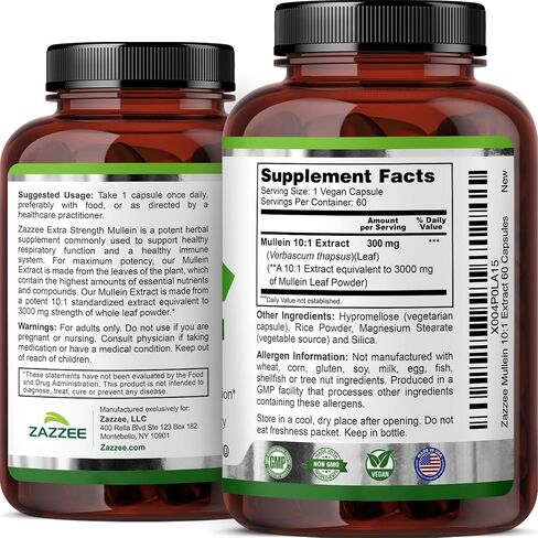 Zazzee Extra Strength Mullein 10:1 Extract, 3000 mg Strength, 120 Vegan Capsules, 100% Pure Leaf Powder, Non-GMO and All-Natural in Kuwait