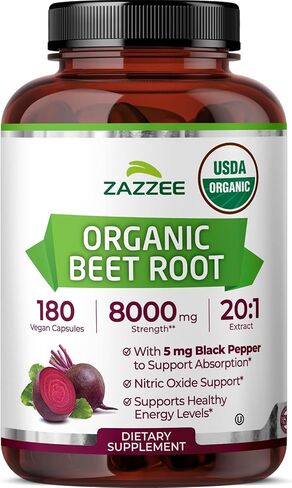 Zazzee USDA Organic Extra Strength Beet Root 20:1 Extract, 8000 mg Strength, 120 Veggie Caps, Enhanced Absorption with Organic Black Pepper Extract, Vegan, All-Natural and Non-GMO in Kuwait