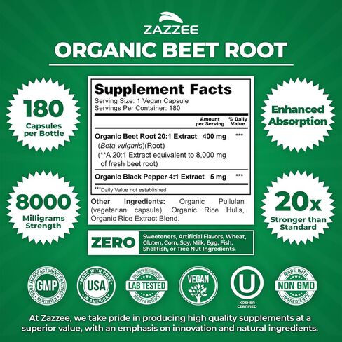 Zazzee USDA Organic Extra Strength Beet Root 20:1 Extract, 8000 mg Strength, 120 Veggie Caps, Enhanced Absorption with Organic Black Pepper Extract, Vegan, All-Natural and Non-GMO in Kuwait
