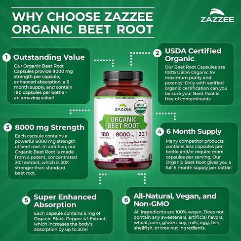 Zazzee USDA Organic Extra Strength Beet Root 20:1 Extract, 8000 mg Strength, 120 Veggie Caps, Enhanced Absorption with Organic Black Pepper Extract, Vegan, All-Natural and Non-GMO in Kuwait