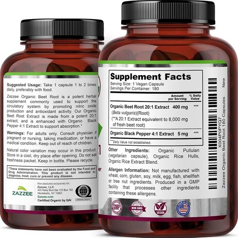 Zazzee USDA Organic Extra Strength Beet Root 20:1 Extract, 8000 mg Strength, 120 Veggie Caps, Enhanced Absorption with Organic Black Pepper Extract, Vegan, All-Natural and Non-GMO in Kuwait