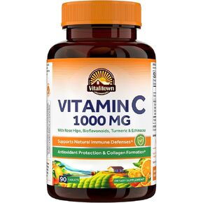 VITALITOWN Vitamin C Complex 1000mg with Rose Hips, Bioflavonoids, Turmeric & Echinacea, Daily Immune Support, Collagen Booster & Powerful Antioxidant, Vegan, 90 Tablets in Saudi Arabia