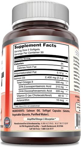 Amazing Omega Wild Alaskan Salmon Oil 2400mg Per Serving 120 Softgels Supplement | Omega-3, EPA/DHA, Vitamin D & Astaxanthin in Saudi Arabia