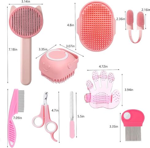 9pcs Cat Brush Kit Cat Grooming ، فرشاة التنظيف الذاتي تزيل الشعر الفضفاض ، فرشاة الحمام ، قفاز التدليك ، مقص الأظافر ، مشط البراغيث (9 مساءً) in Kuwait