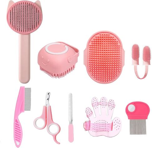 9pcs Cat Brush Kit Cat Grooming ، فرشاة التنظيف الذاتي تزيل الشعر الفضفاض ، فرشاة الحمام ، قفاز التدليك ، مقص الأظافر ، مشط البراغيث (9 مساءً) in Kuwait