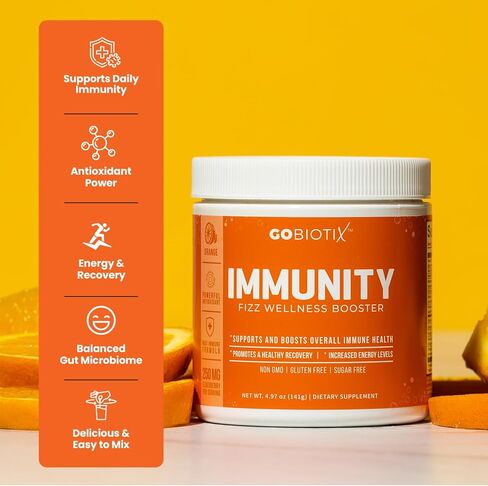 GOBIOTIX Immune Support Supplement - Immunity Defense Powder Wellness Booster - Vegan Superfood - Elderberry, Turmeric, Vitamin C Powder and B12 Vitamin Supplement, Non-GMO and Sugar Free (Orange) in Kuwait