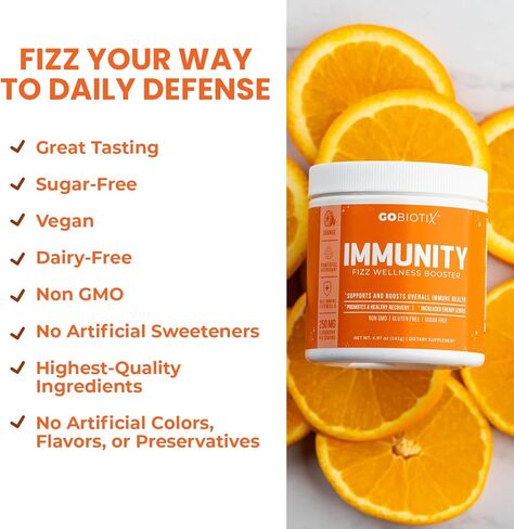 GOBIOTIX Immune Support Supplement - Immunity Defense Powder Wellness Booster - Vegan Superfood - Elderberry, Turmeric, Vitamin C Powder and B12 Vitamin Supplement, Non-GMO and Sugar Free (Orange) in Kuwait