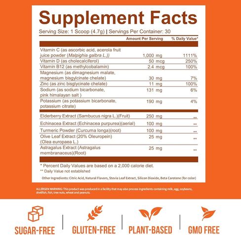 GOBIOTIX Immune Support Supplement - Immunity Defense Powder Wellness Booster - Vegan Superfood - Elderberry, Turmeric, Vitamin C Powder and B12 Vitamin Supplement, Non-GMO and Sugar Free (Orange) in Kuwait