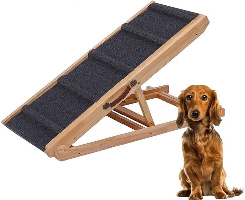 منحدر الكلب القابل للتعديل Pawbliss لجميع الكلاب | 6 مستوى (12.2 "-25.5") منحدر خشب صلب | سجادة غير انزلاق للكلاب الكبيرة والصغيرة | يدعم 200 رطل | منحدر الكلب المحمول للسرير والأريكة مع مقبض جلدي in Saudi Arabia