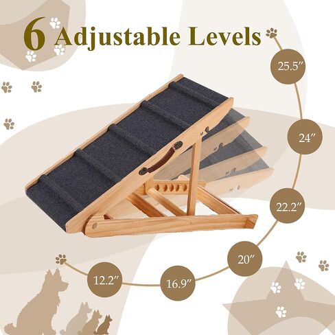 منحدر الكلب القابل للتعديل Pawbliss لجميع الكلاب | 6 مستوى (12.2 "-25.5") منحدر خشب صلب | سجادة غير انزلاق للكلاب الكبيرة والصغيرة | يدعم 200 رطل | منحدر الكلب المحمول للسرير والأريكة مع مقبض جلدي in Saudi Arabia