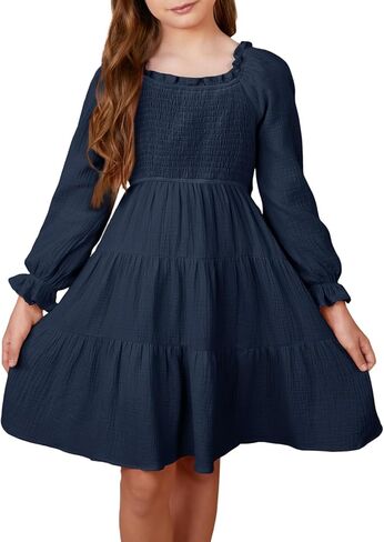 blibean Girl 2023 Cotton Long Sleeve Dresses Ruffled Boho Tiered Dress Size 6-15 Years in Saudi Arabia
