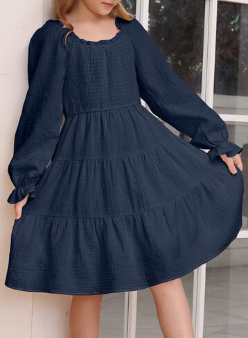 blibean Girl 2023 Cotton Long Sleeve Dresses Ruffled Boho Tiered Dress Size 6-15 Years in Saudi Arabia