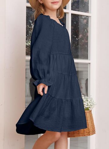 blibean Girl 2023 Cotton Long Sleeve Dresses Ruffled Boho Tiered Dress Size 6-15 Years in Saudi Arabia