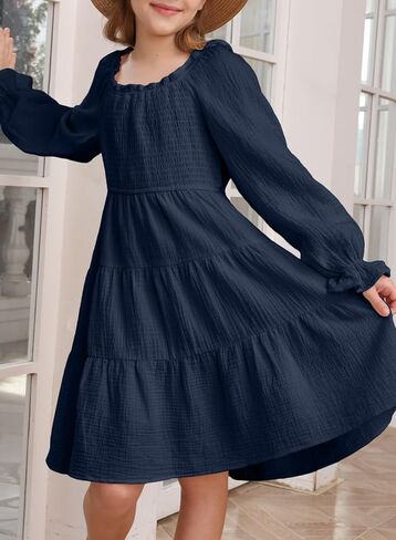 blibean Girl 2023 Cotton Long Sleeve Dresses Ruffled Boho Tiered Dress Size 6-15 Years in Saudi Arabia