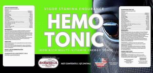 Hemotonic - Iron Grich Multi -Viti -Vitamin Tonic Tonic Power Builder & Energy Revitalizer للخيول بواسطة المنتج البيطري Saratoga (1 QT) in Kuwait