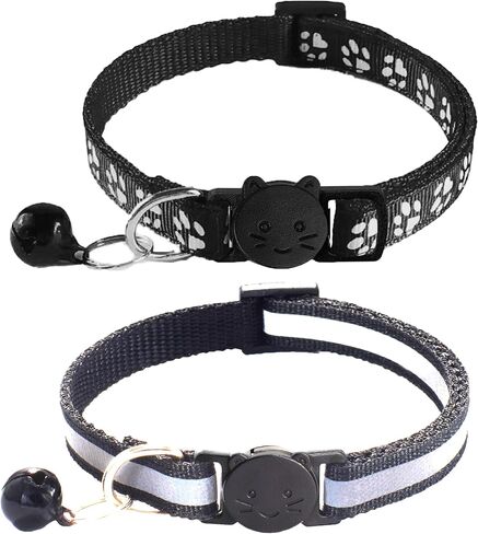 2 Pack Breakaway Cat Collars with Bells, Reflective Design and Claw Print Design, Safety Buckle Kitten Collars Adjustable from 7.5 to 12.5 Inches (Black) in Saudi Arabia