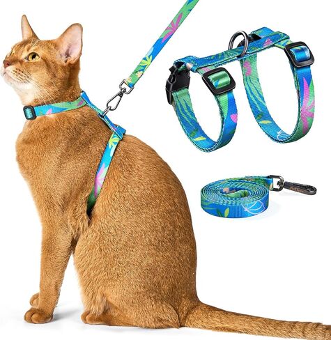 Cat Harness and Leash Set - Escape Proof Adjustable Cat Harness, Comfortable Soft Lightweight, Use Safe & Easy, Walking Travel Kitten Harness for Small Medium Large Cats (Hawaii Green) in Kuwait