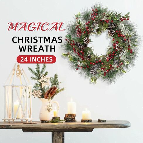 FINECASA 24 Inches Christmas Wreath,Artificial Christmas Wreaths for Front Door Christmas,Christmas Wreath with Pine Needles Pine Cones and Red Berries for Home Decor Christmas Winter Decorations. in Saudi Arabia