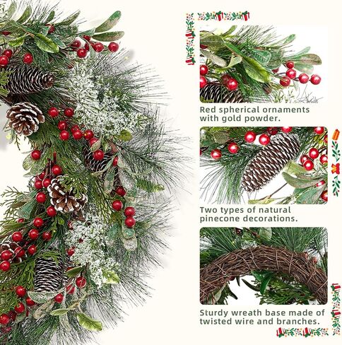 FINECASA 24 Inches Christmas Wreath,Artificial Christmas Wreaths for Front Door Christmas,Christmas Wreath with Pine Needles Pine Cones and Red Berries for Home Decor Christmas Winter Decorations. in Saudi Arabia