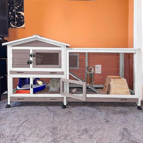 Aivituvin Rabbit Hutch 62" Rabbit Cage Indoor Outdoor Guinea Pig Cage on Wheels Bunny Cage with 3 Deep No Leakage Pull Out Tray,Waterproof Roof (Grey) in Saudi Arabia