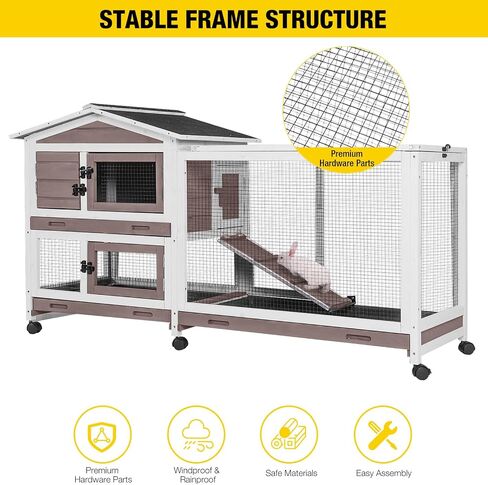 Aivituvin Rabbit Hutch 62" Rabbit Cage Indoor Outdoor Guinea Pig Cage on Wheels Bunny Cage with 3 Deep No Leakage Pull Out Tray,Waterproof Roof (Grey) in Saudi Arabia
