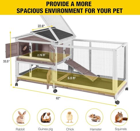 Aivituvin Rabbit Hutch 62" Rabbit Cage Indoor Outdoor Guinea Pig Cage on Wheels Bunny Cage with 3 Deep No Leakage Pull Out Tray,Waterproof Roof (Grey) in Saudi Arabia
