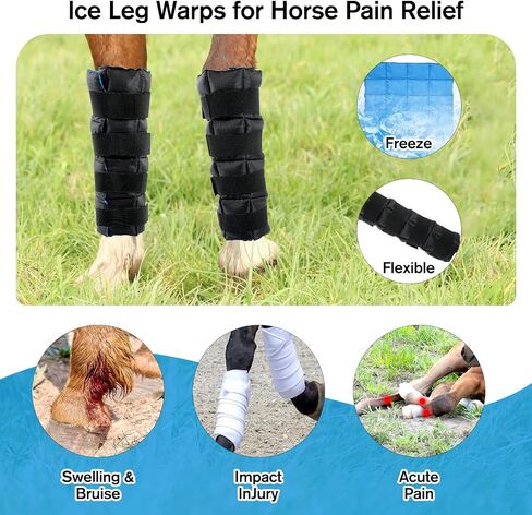Horse Leg Wraps Set of 2, Horse Ice Leg Boots Perfect for Equestrian Training& Daily Use, Comfortable and Premium Support for Injury Recovery to Fit for All Horses(Black & Blue, 2Pack) in Kuwait