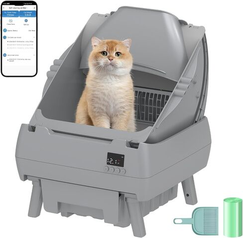 Automatic Cat Litter Box Self Cleaning - APP Control, Open-Style Design, Smart Health Monitor, Suitable for Medium Cats and Kittens, Safe Anti-Pinch, Quiet, A Lifelong Companion - Grey in Saudi Arabia