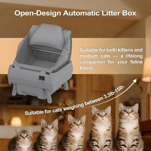 Automatic Cat Litter Box Self Cleaning - APP Control, Open-Style Design, Smart Health Monitor, Suitable for Medium Cats and Kittens, Safe Anti-Pinch, Quiet, A Lifelong Companion - Grey in Saudi Arabia